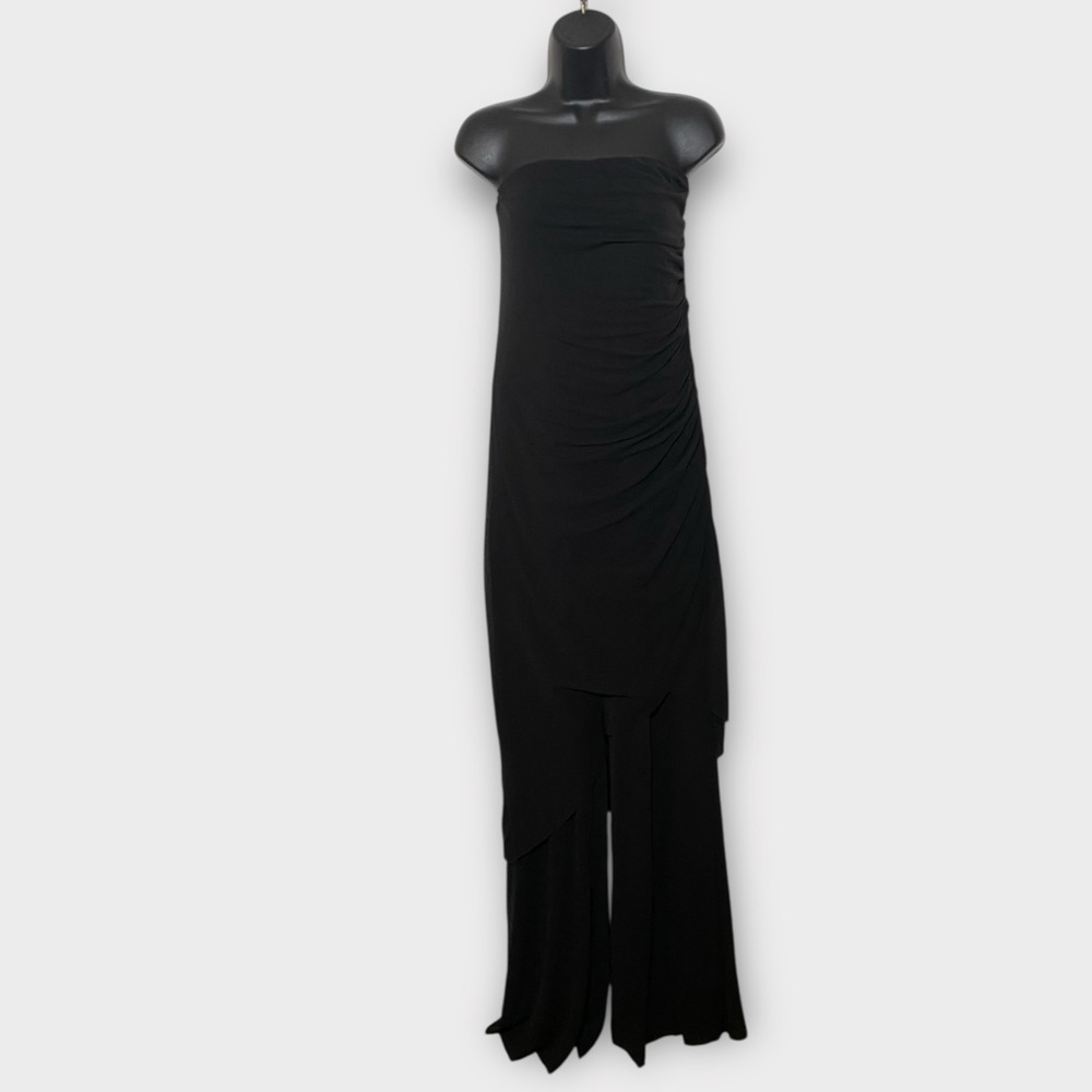 Chico's Black Strapless Ruched Bodice Overlay Wide Leg Jumpsuit Size Medium/8